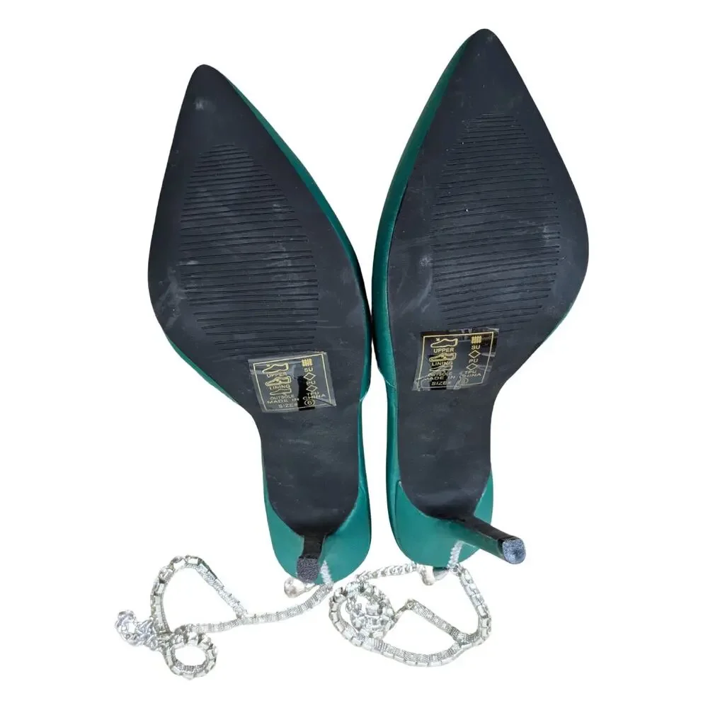 Azalea Wang Ashley Stiletto Heels 6 Green Rhinestone Ankle Strap Pointed Toe